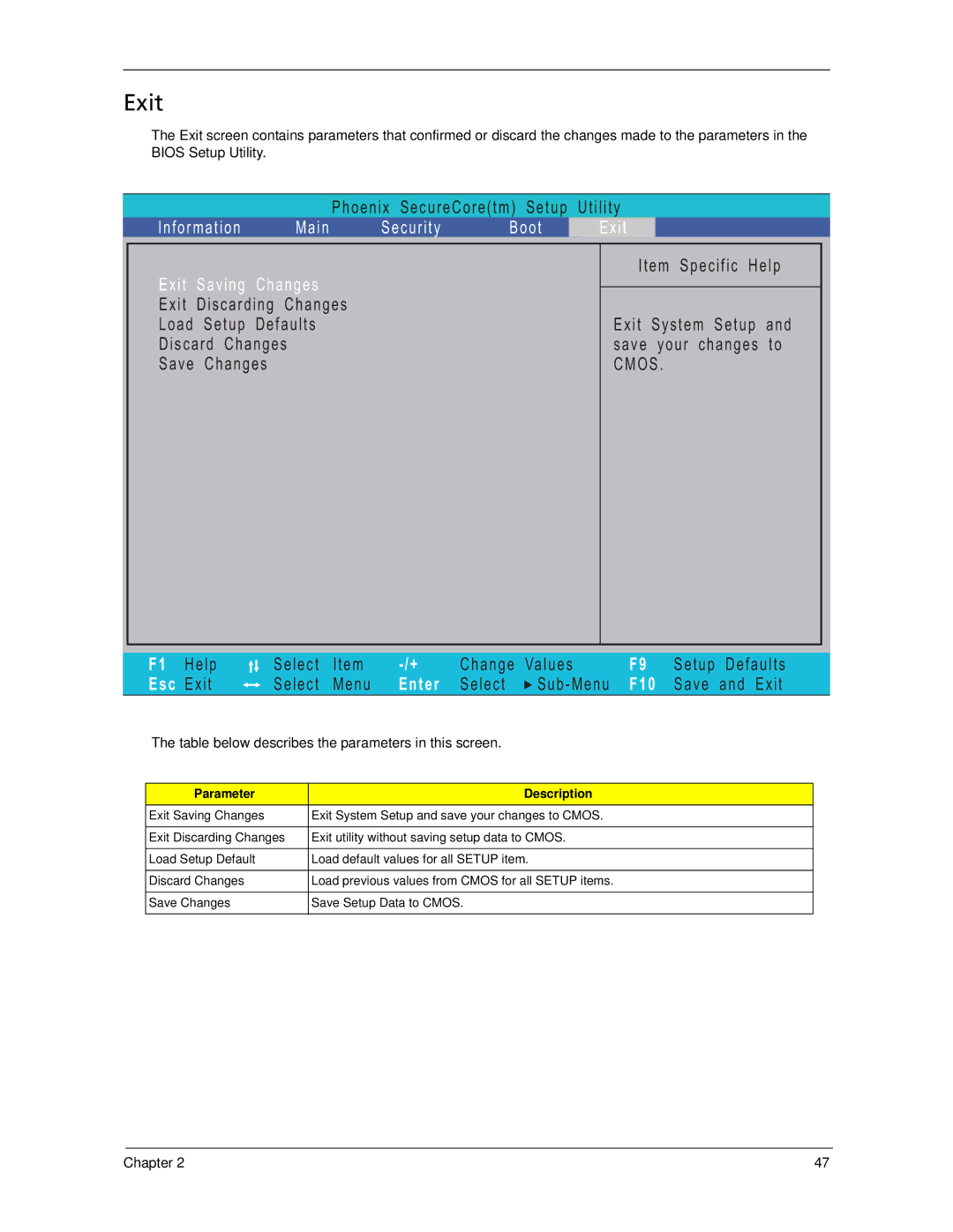 Acer 5530 manual Exit, Table below describes the parameters in this screen 