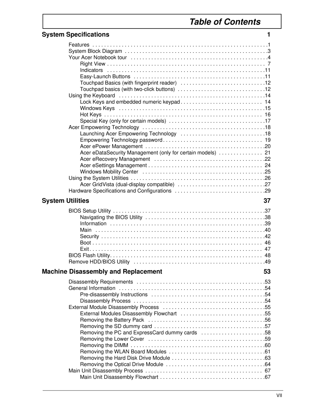 Acer 5530 manual Table of Contents 