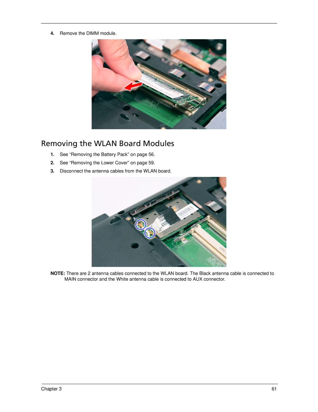 Acer 5530 manual Removing the Wlan Board Modules, Remove the Dimm module 