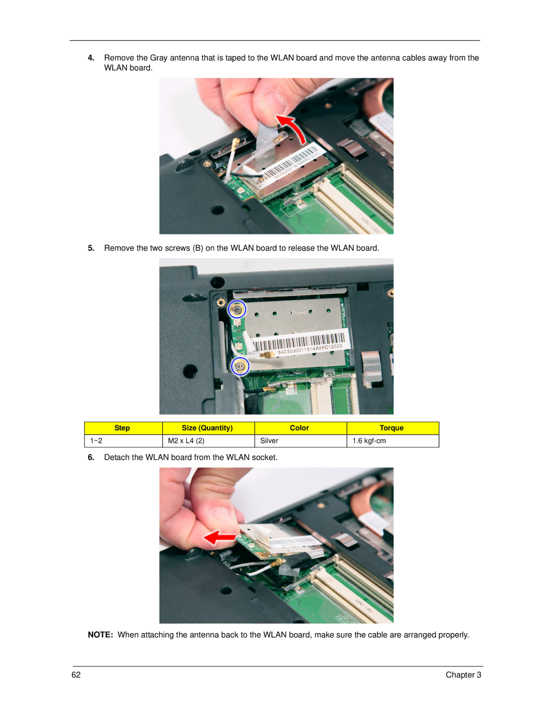 Acer 5530 manual Detach the Wlan board from the Wlan socket 