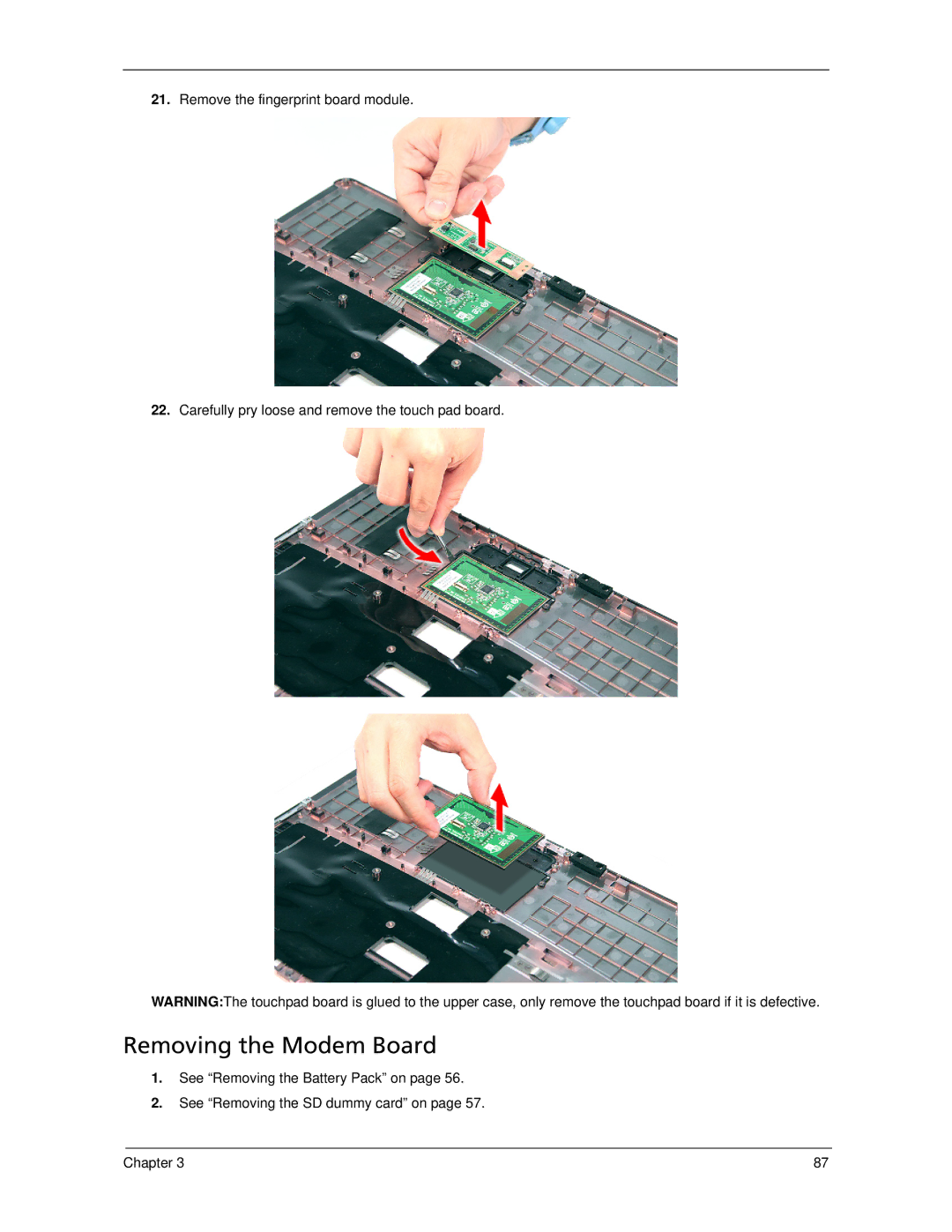 Acer 5530 manual Removing the Modem Board 