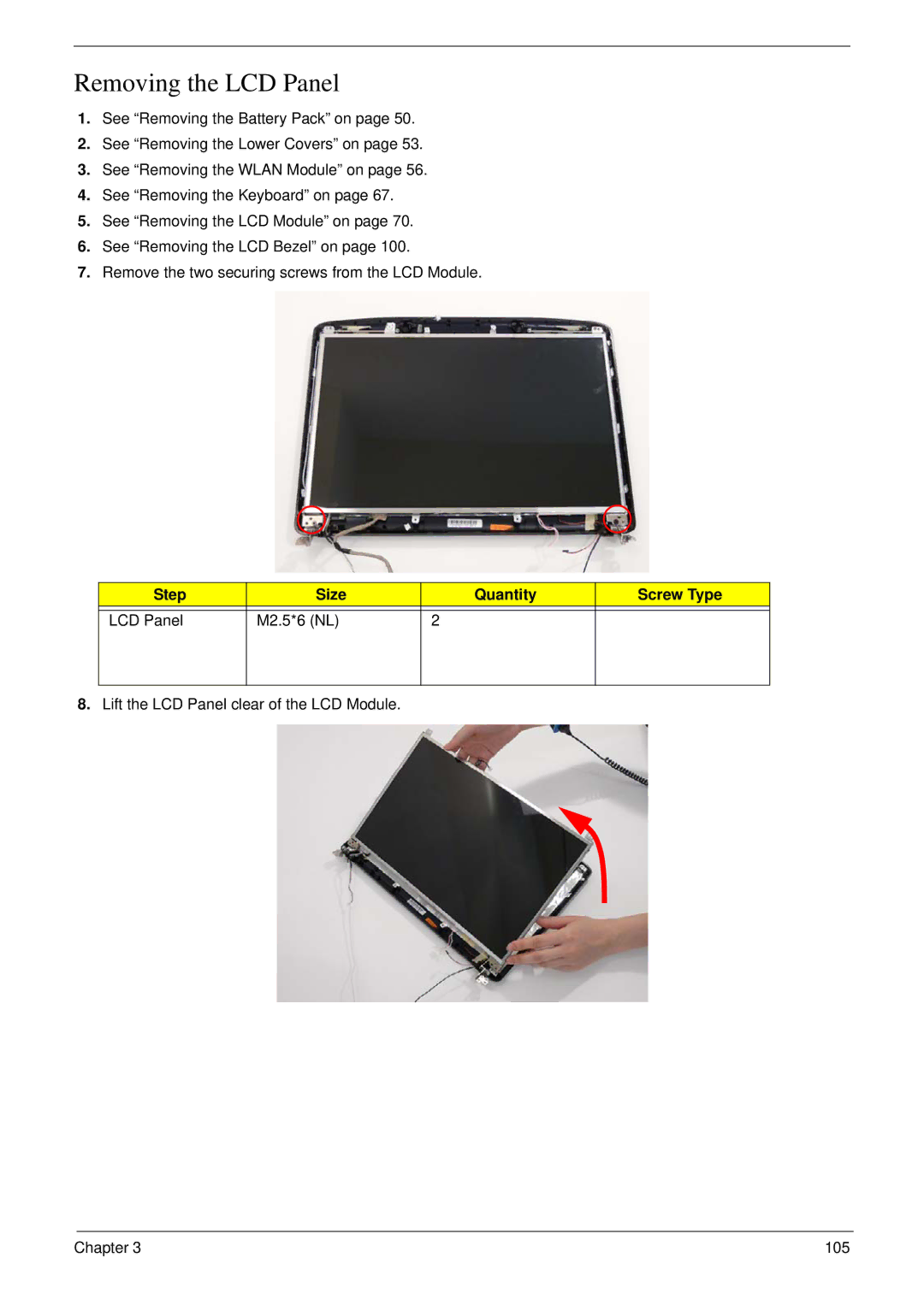 Acer 5530G manual Removing the LCD Panel, Step Size Quantity Screw Type LCD Panel M2.5*6 NL 