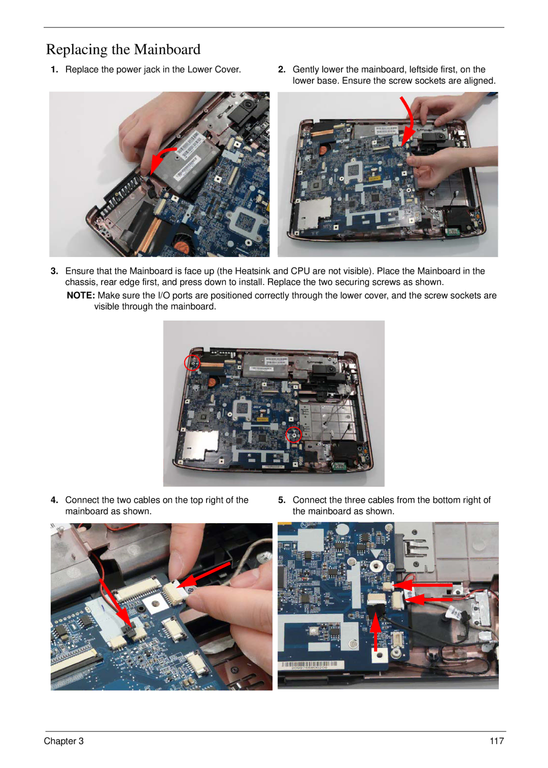 Acer 5530G manual Replacing the Mainboard, Replace the power jack in the Lower Cover 