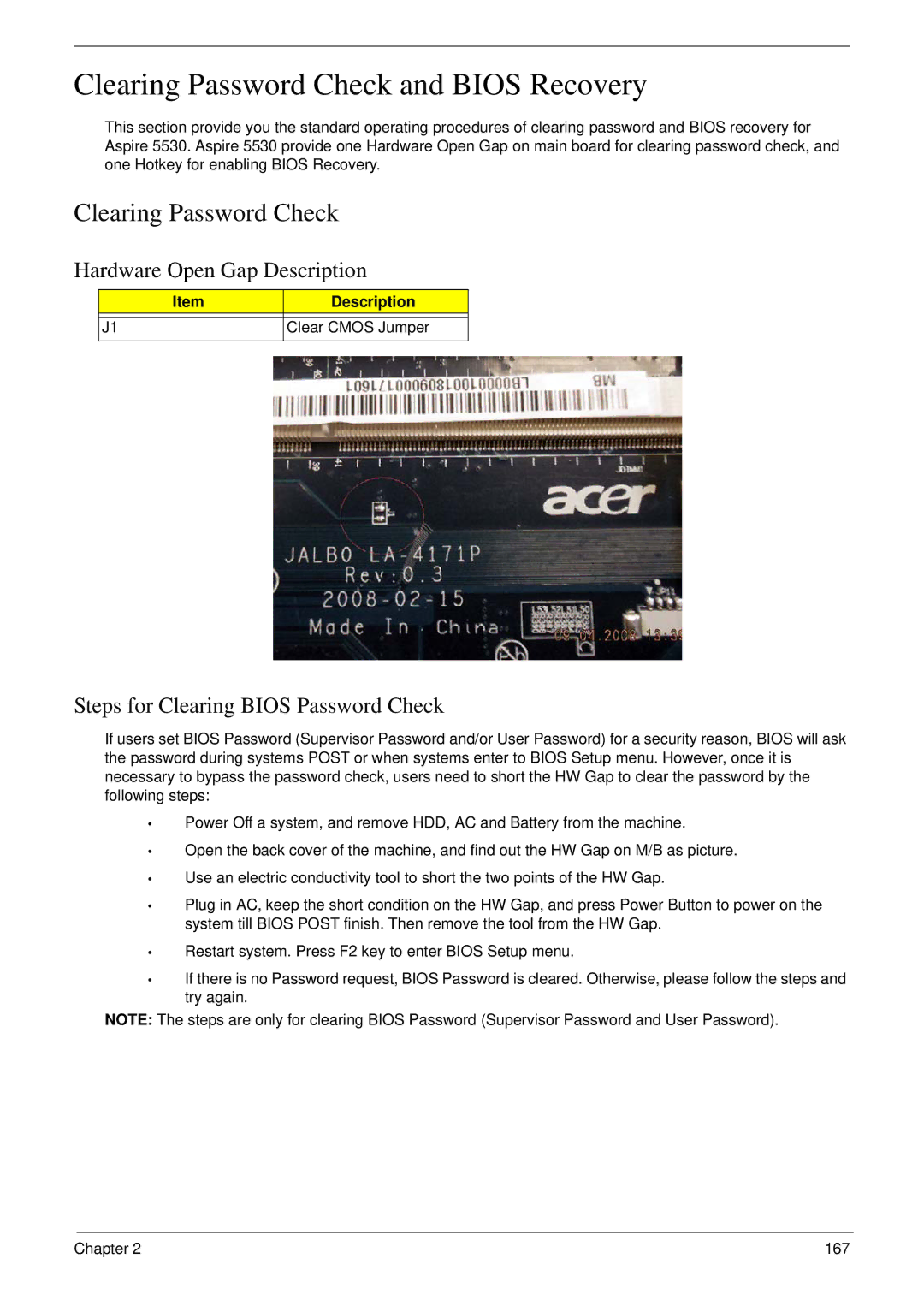 Acer 5530 Clearing Password Check and Bios Recovery, Hardware Open Gap Description, Steps for Clearing Bios Password Check 