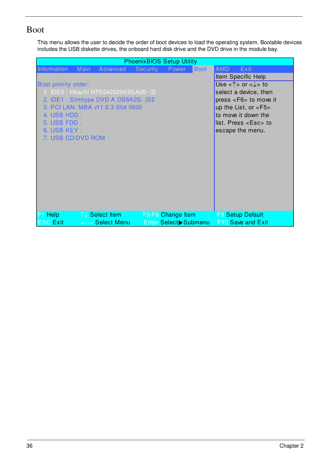 Acer 5530G manual Boot, IDE0 Hitachi HTS542525K9SA00- S 