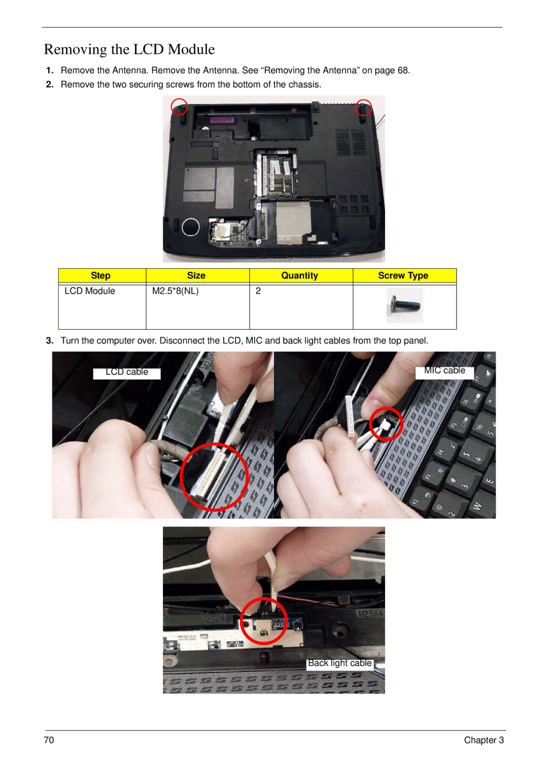 Acer 5530G manual Removing the LCD Module, Step Size Quantity Screw Type LCD Module M2.5*8NL 