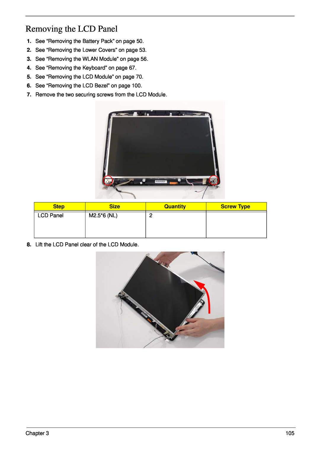 Acer 5530G manual Removing the LCD Panel, Step, Size, Quantity, Screw Type, M2.5*6 NL 