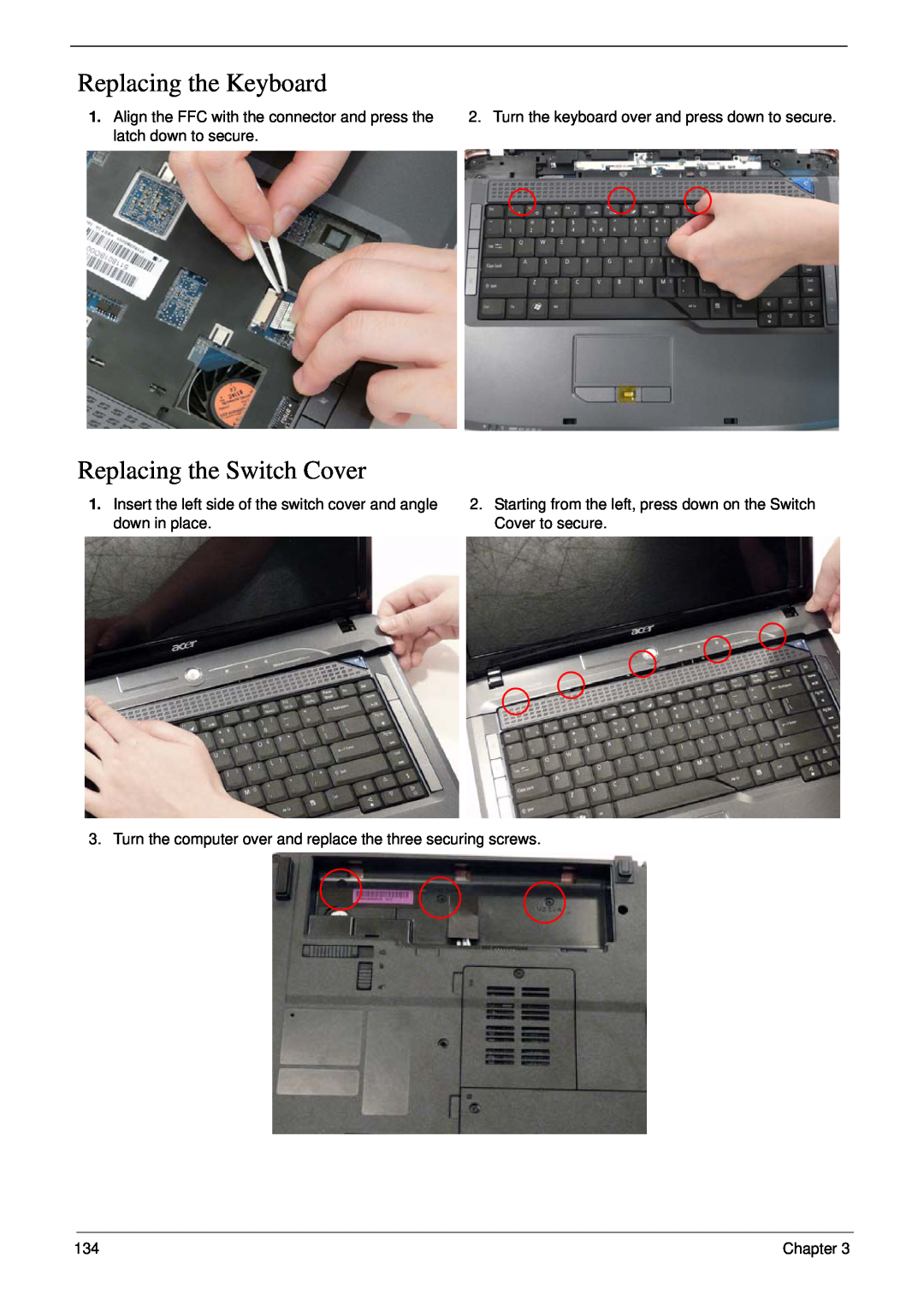 Acer 5530G manual Replacing the Keyboard, Replacing the Switch Cover, Turn the keyboard over and press down to secure 