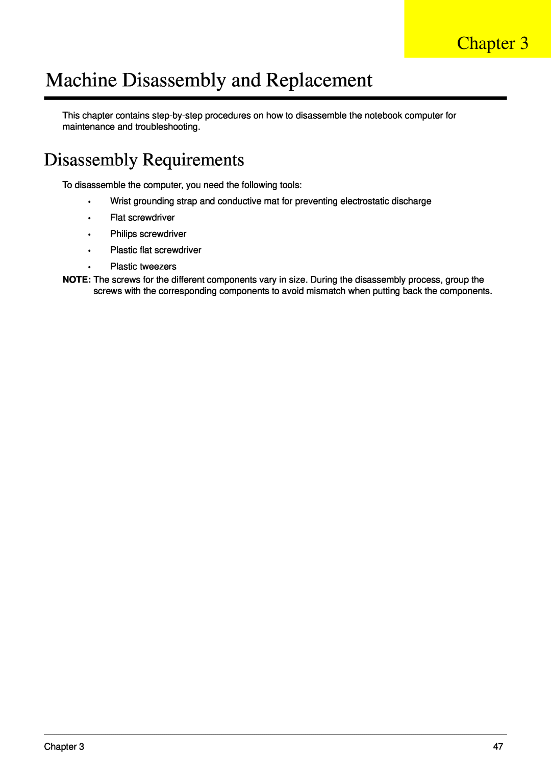 Acer 5530G manual Machine Disassembly and Replacement, Disassembly Requirements, Chapter 