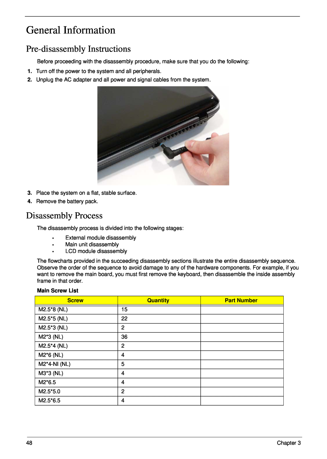 Acer 5530G manual General Information, Pre-disassembly Instructions, Disassembly Process 