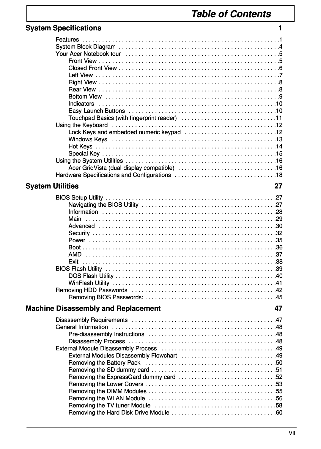 Acer 5530G manual Table of Contents, System Specifications, System Utilities, Machine Disassembly and Replacement 
