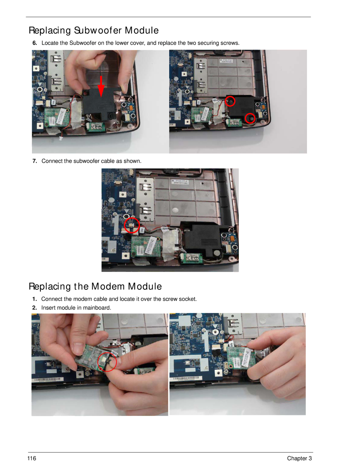 Acer 5530G manual Replacing Subwoofer Module, Replacing the Modem Module 