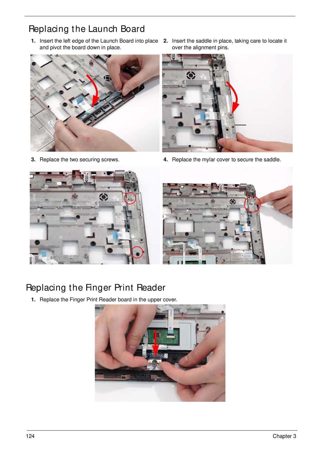 Acer 5530G manual Replacing the Launch Board, Replacing the Finger Print Reader 
