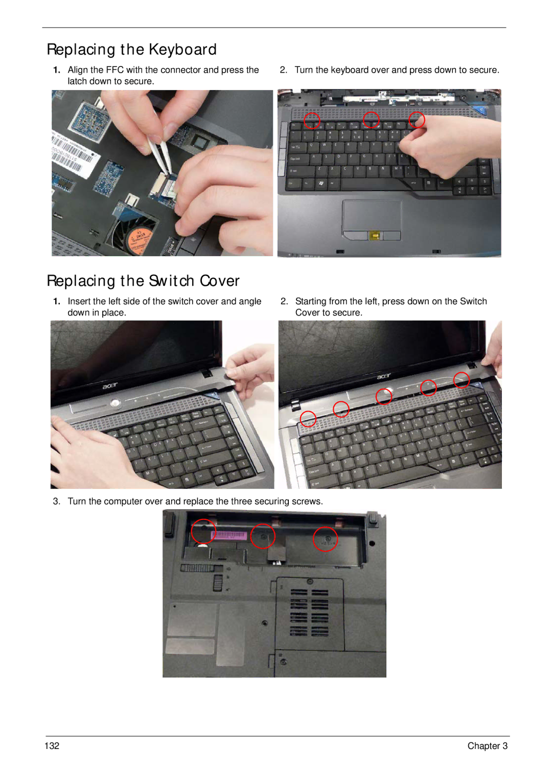 Acer 5530G manual Replacing the Keyboard, Replacing the Switch Cover 