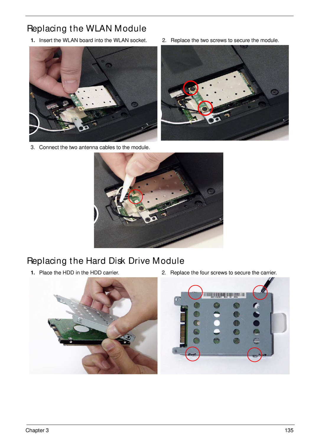 Acer 5530G manual Replacing the Wlan Module, Replacing the Hard Disk Drive Module 