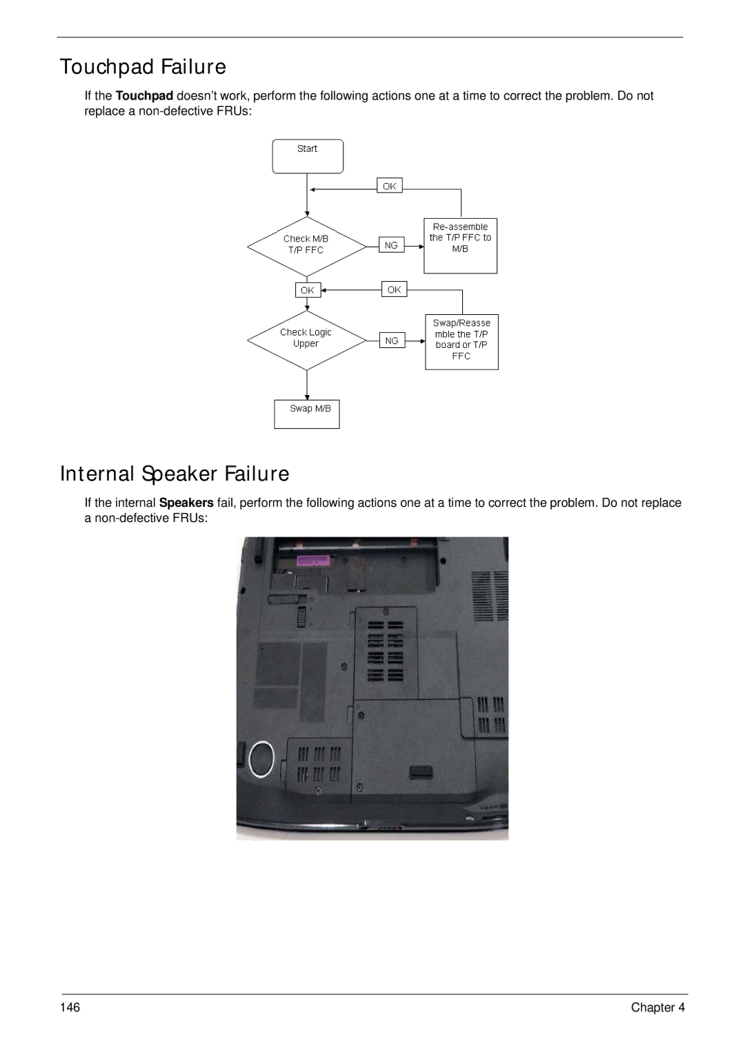 Acer 5530G manual Touchpad Failure, Internal Speaker Failure 