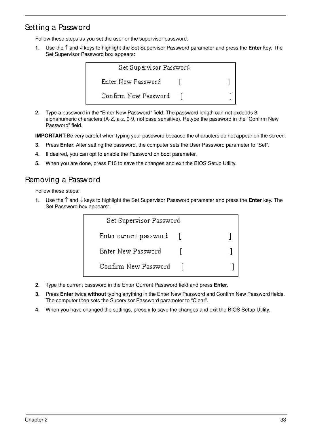 Acer 5530G manual Setting a Password, Removing a Password 