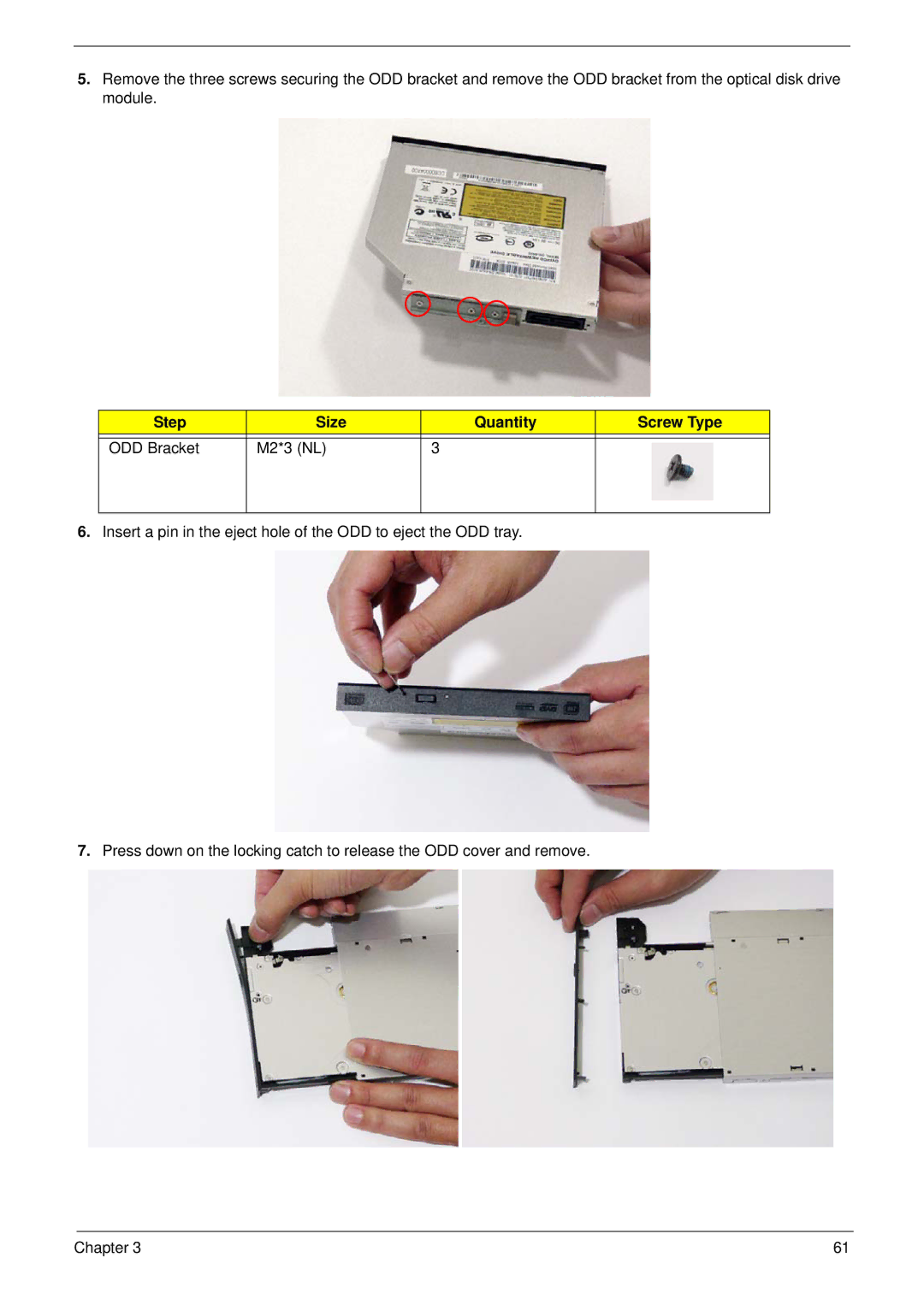 Acer 5530G manual Step Size Quantity Screw Type ODD Bracket M2*3 NL 