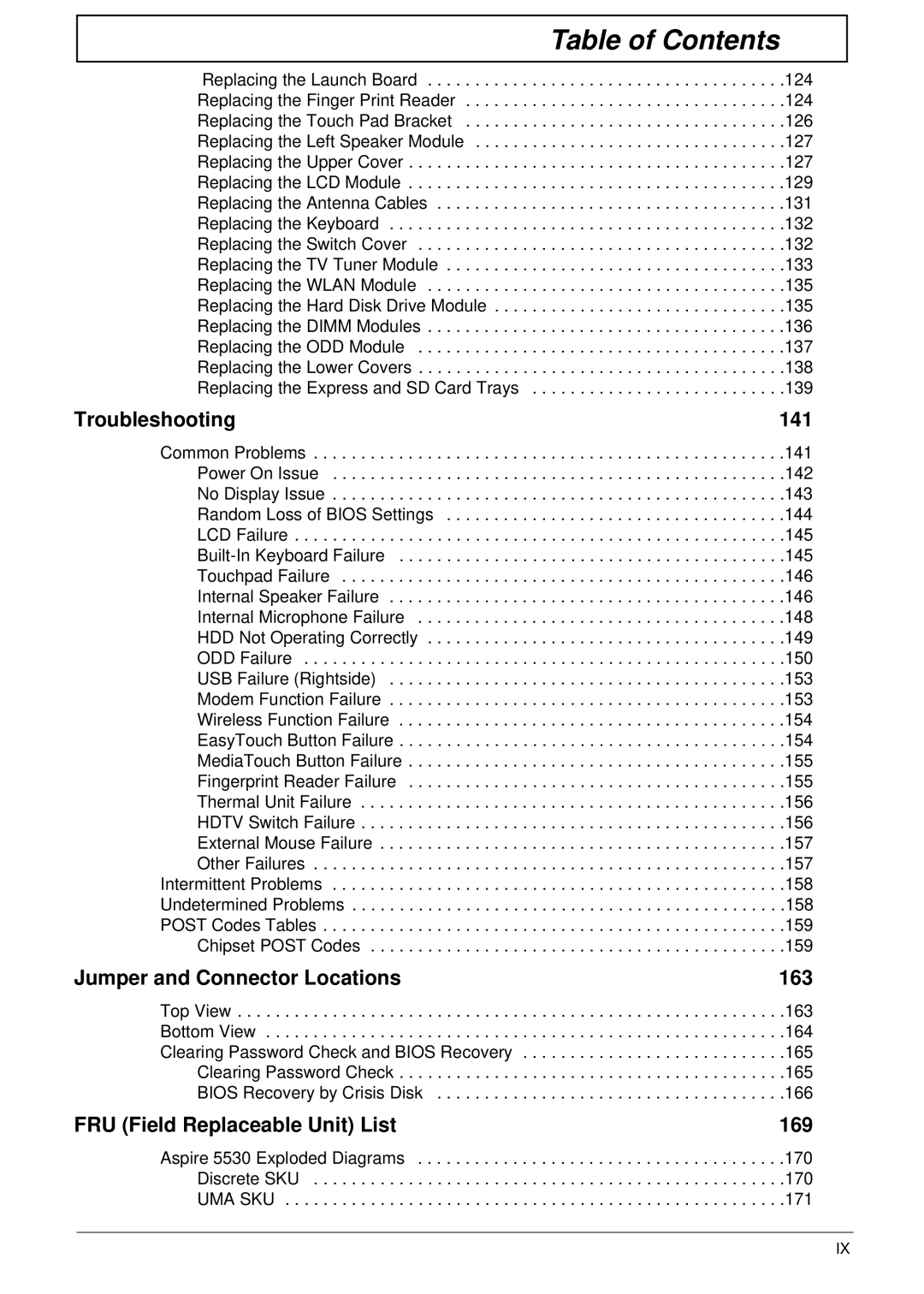 Acer 5530G manual FRU Field Replaceable Unit List 169 