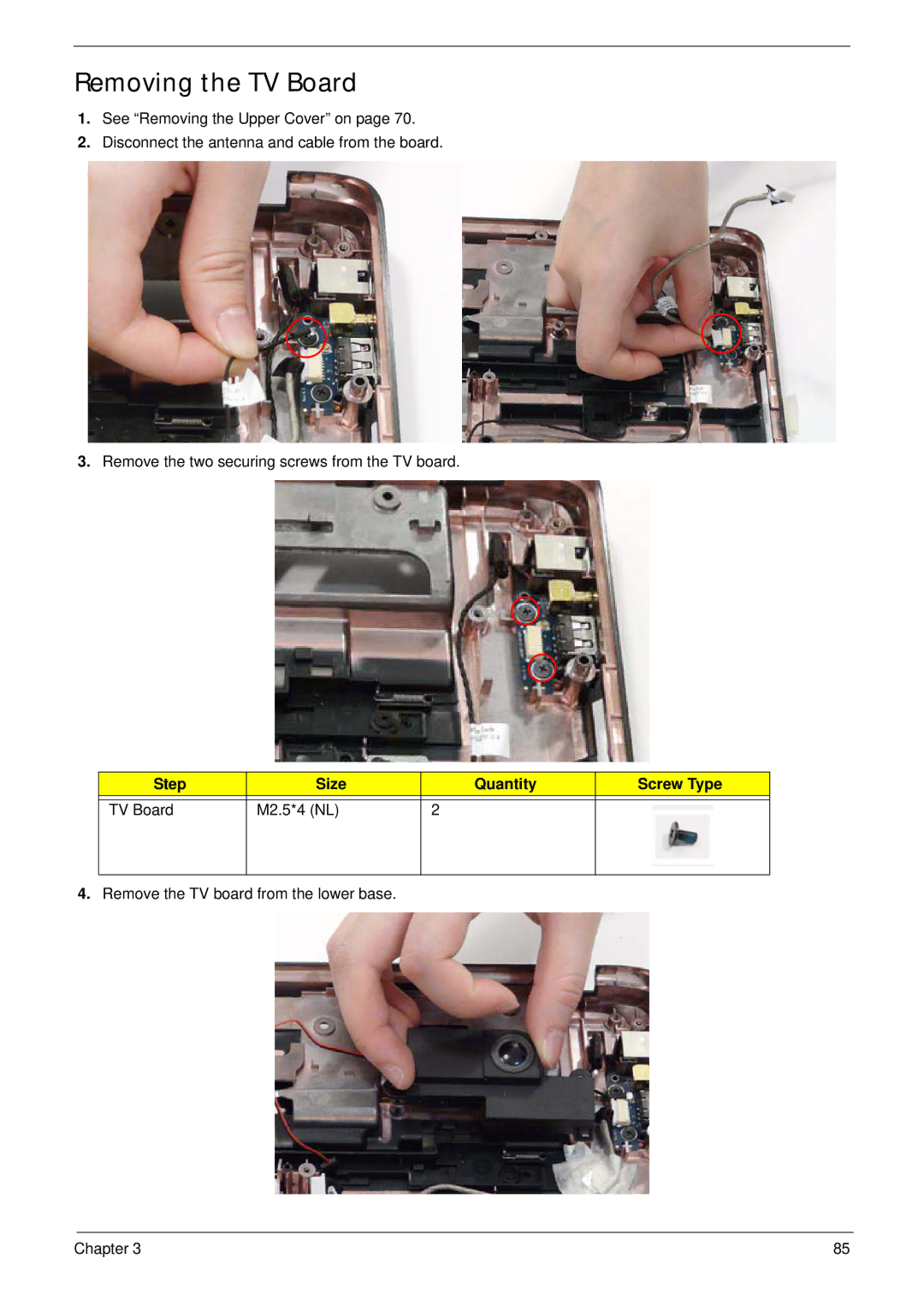 Acer 5530G manual Removing the TV Board, Step Size Quantity Screw Type TV Board M2.5*4 NL 