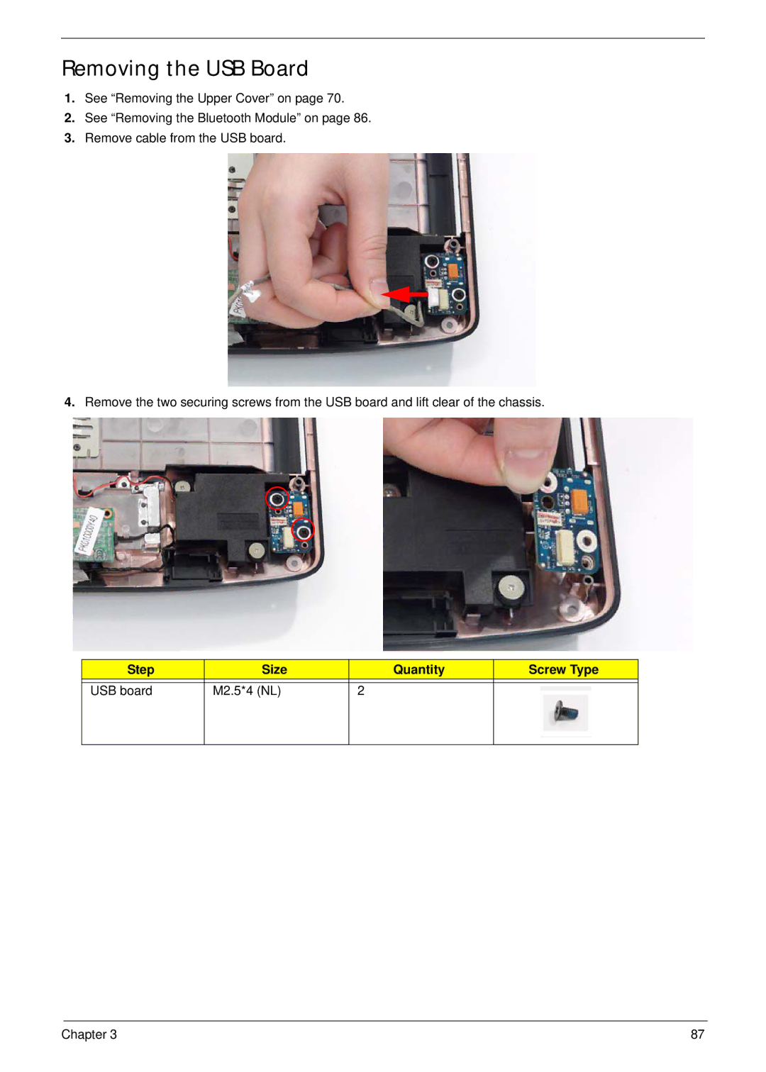 Acer 5530G manual Removing the USB Board, Step Size Quantity Screw Type USB board M2.5*4 NL 