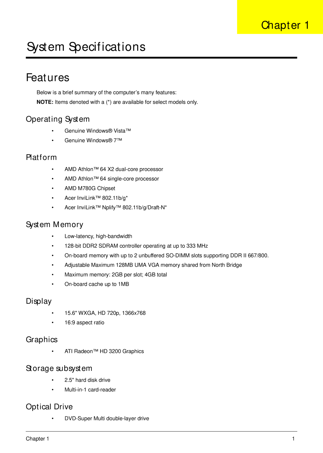 Acer 5532 manual Chapter, Features 