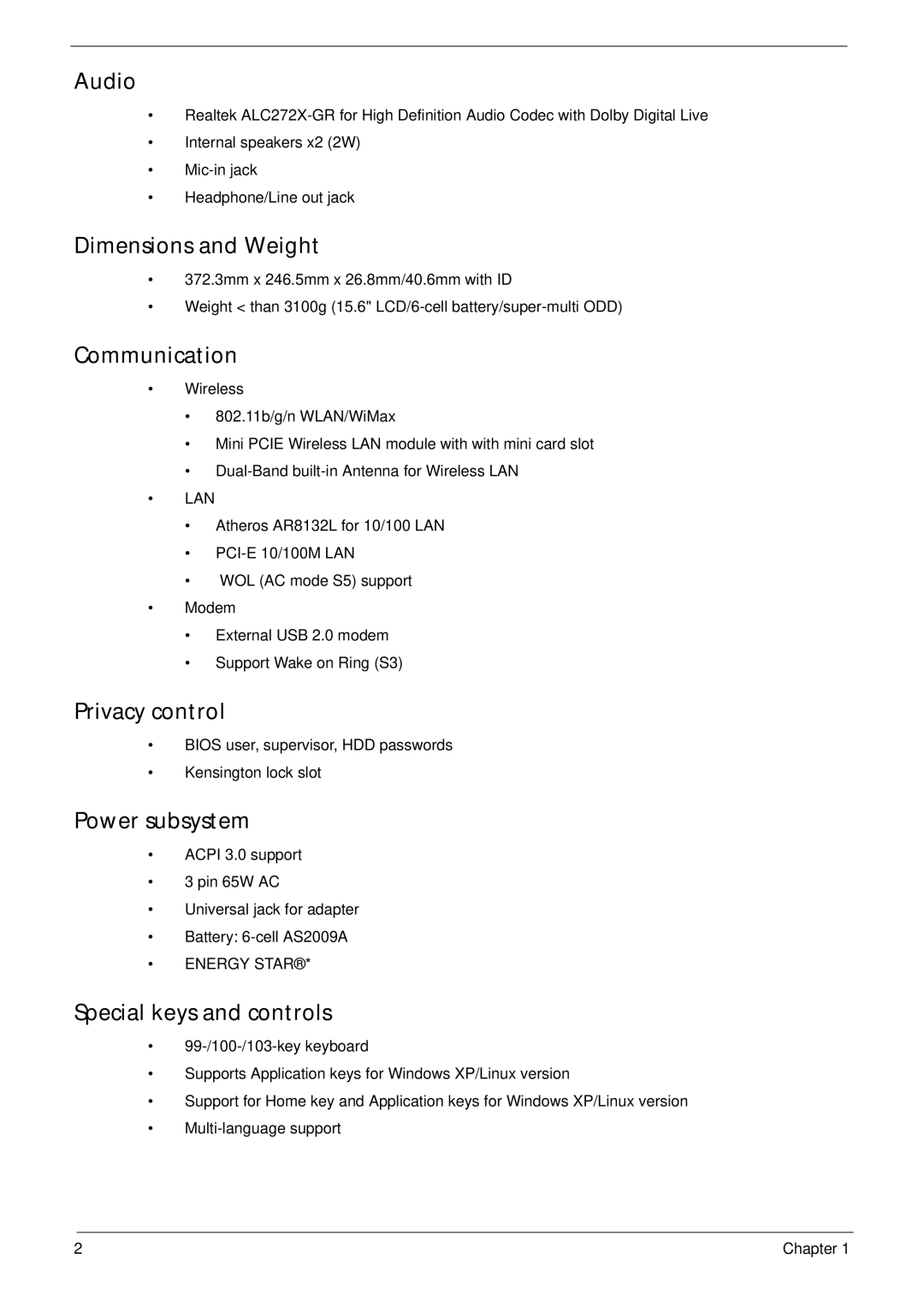 Acer 5532 manual Audio, Dimensions and Weight, Communication, Privacy control, Power subsystem, Special keys and controls 