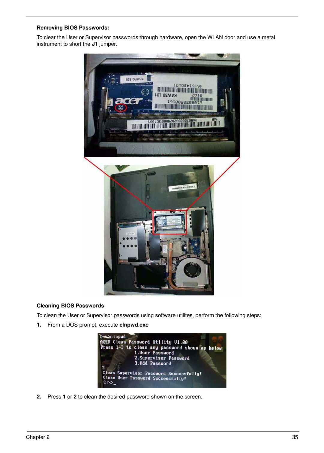 Acer 5532 manual Removing Bios Passwords, Cleaning Bios Passwords 