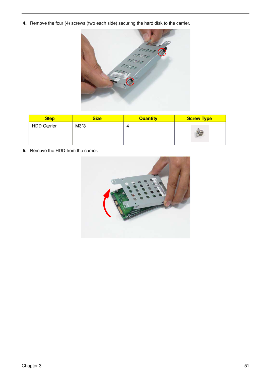 Acer 5532 manual Step Size Quantity Screw Type HDD Carrier M3*3 