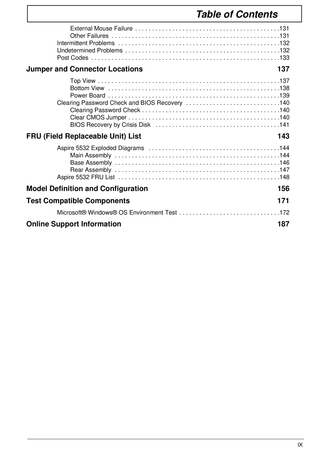 Acer 5532 manual Jumper and Connector Locations 137, Microsoft Windows OS Environment Test 