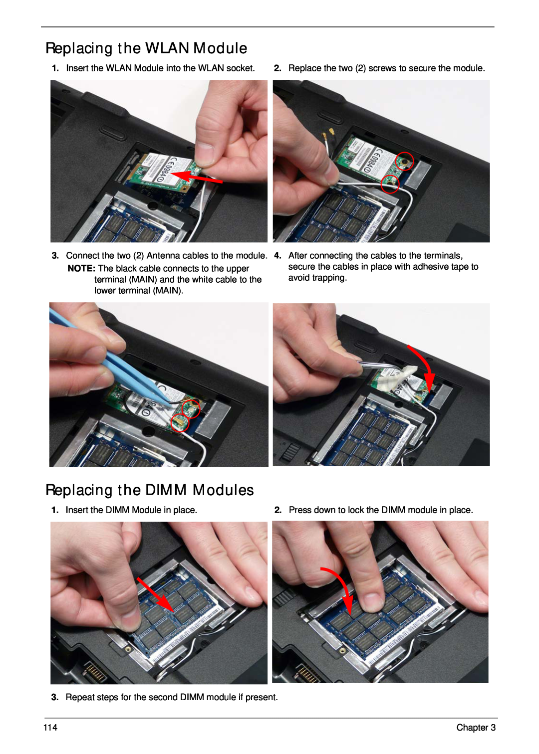 Acer 5532 manual Replacing the WLAN Module, Replacing the DIMM Modules, Insert the DIMM Module in place 