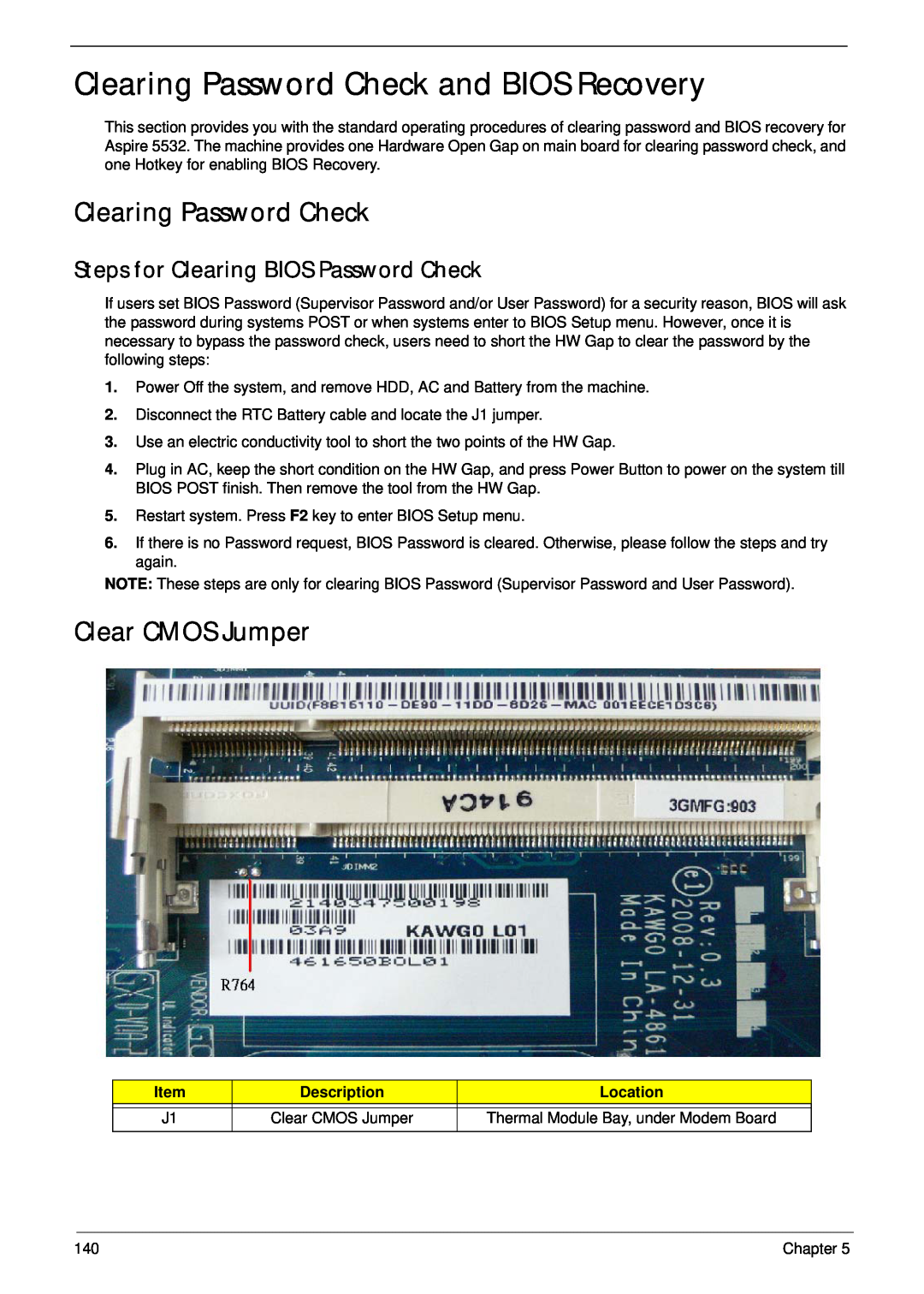 Acer 5532 Clearing Password Check and BIOS Recovery, Clear CMOS Jumper, Steps for Clearing BIOS Password Check, Location 