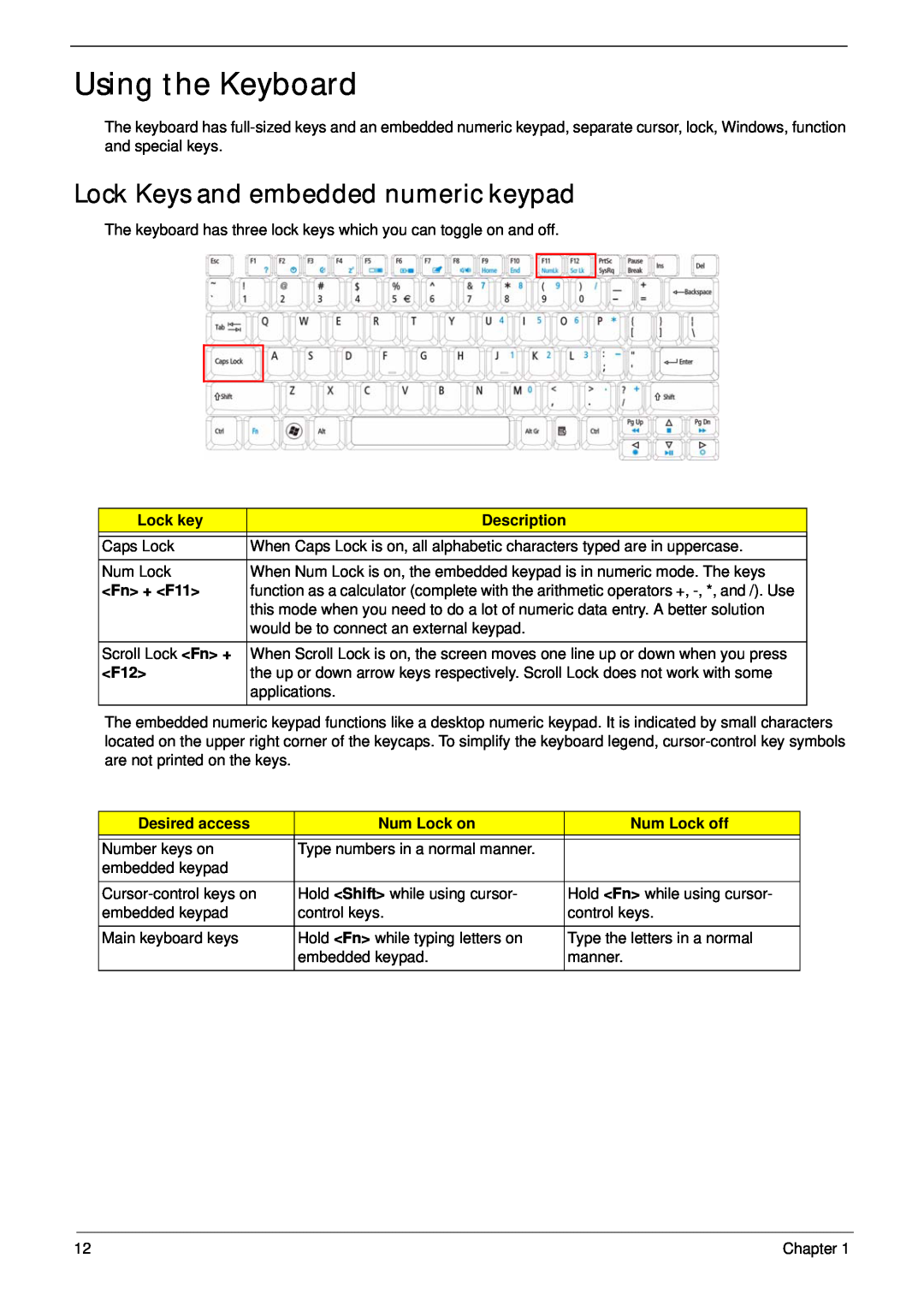 Acer 5532 manual Using the Keyboard, Lock Keys and embedded numeric keypad, Lock key, Description, Fn + F11, Desired access 