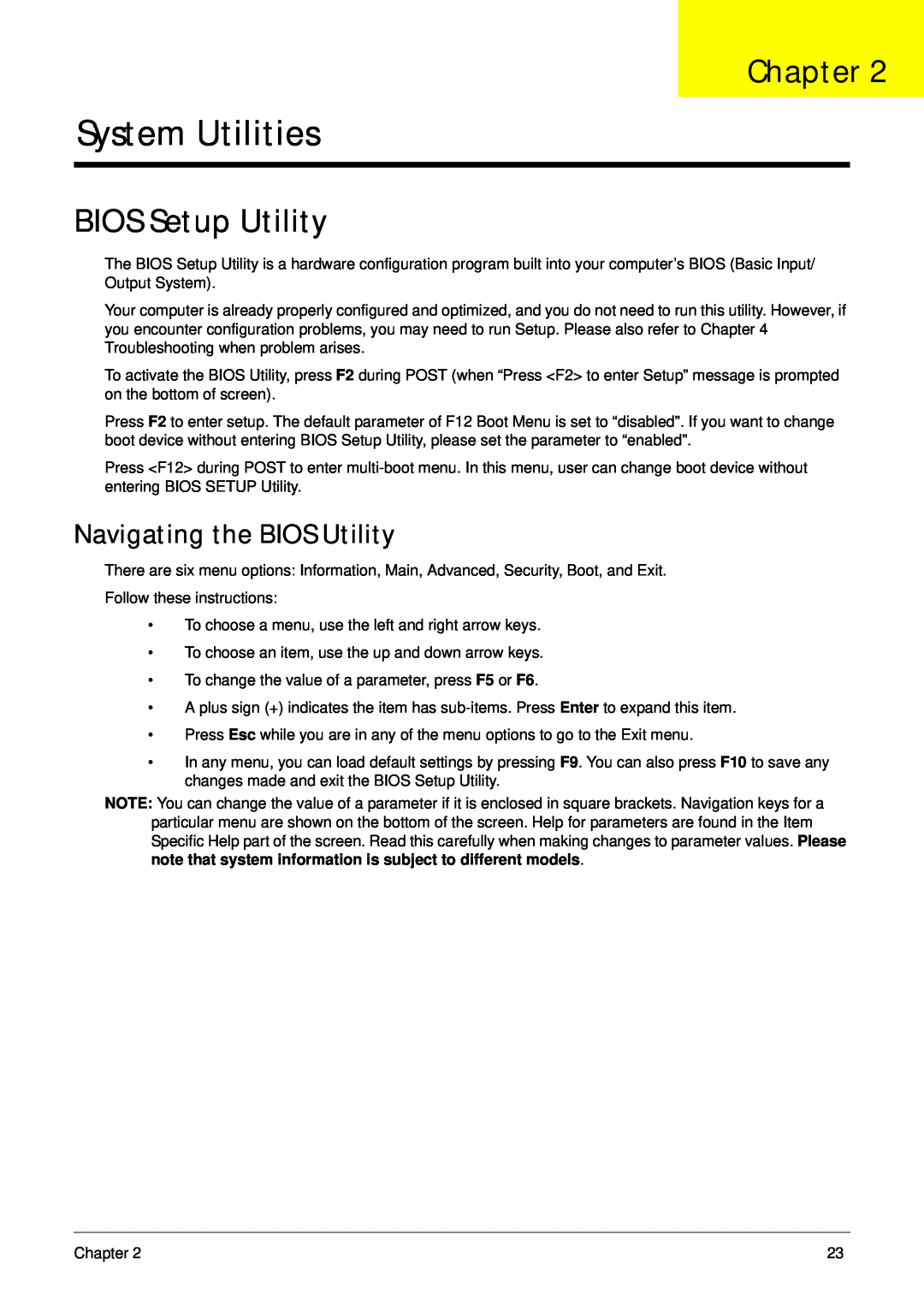 Acer 5532 manual System Utilities, BIOS Setup Utility, Navigating the BIOS Utility, Chapter 