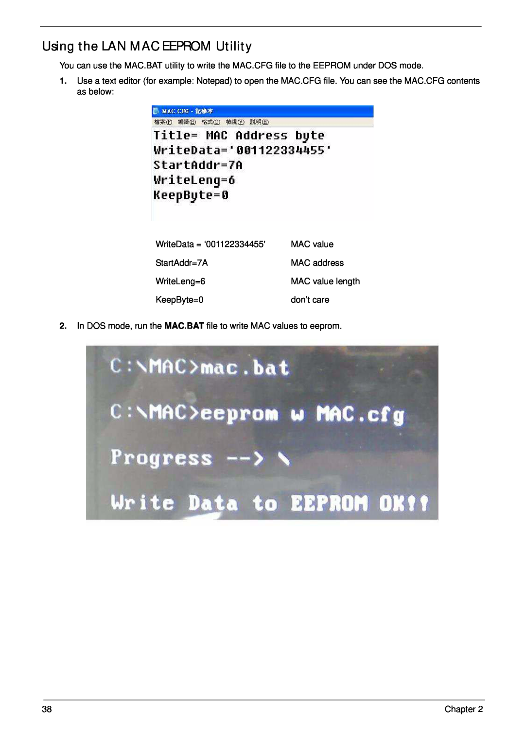Acer 5532 manual Using the LAN MAC EEPROM Utility 