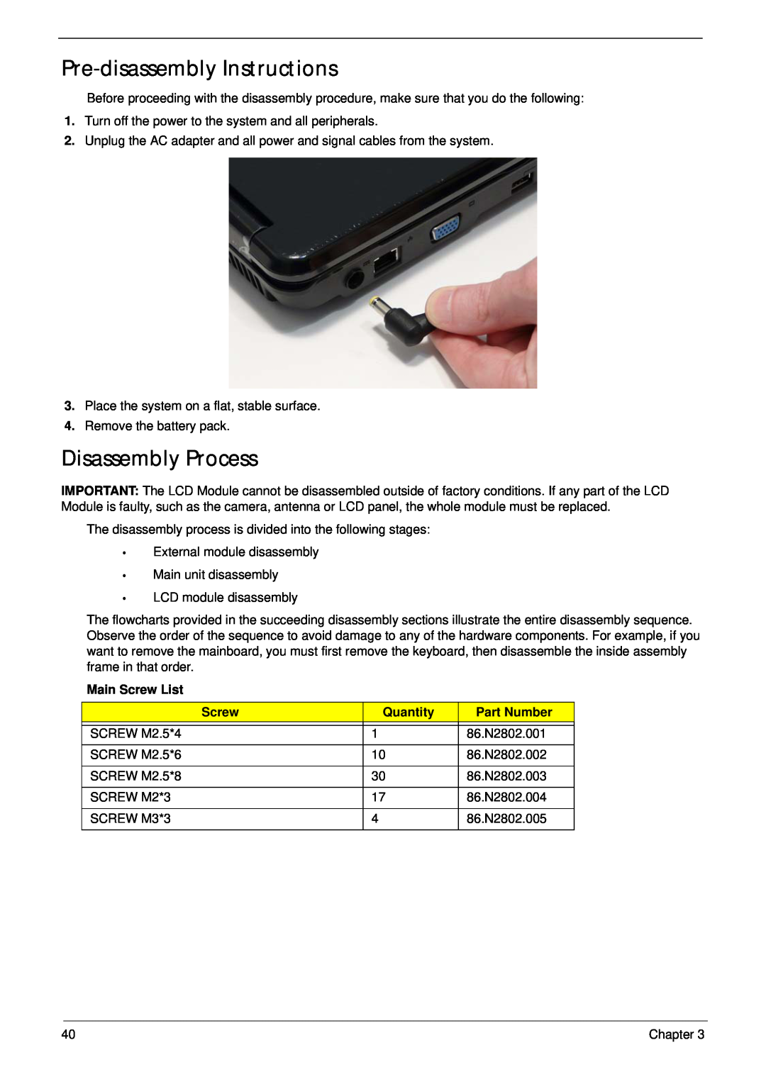 Acer 5532 manual Pre-disassembly Instructions, Disassembly Process, Main Screw List, Quantity, Part Number 
