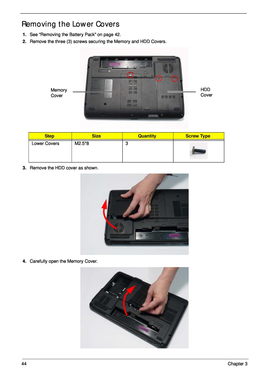 Acer 5532 manual Removing the Lower Covers, Step, Size, Quantity, Screw Type, M2.5*8, Chapter 