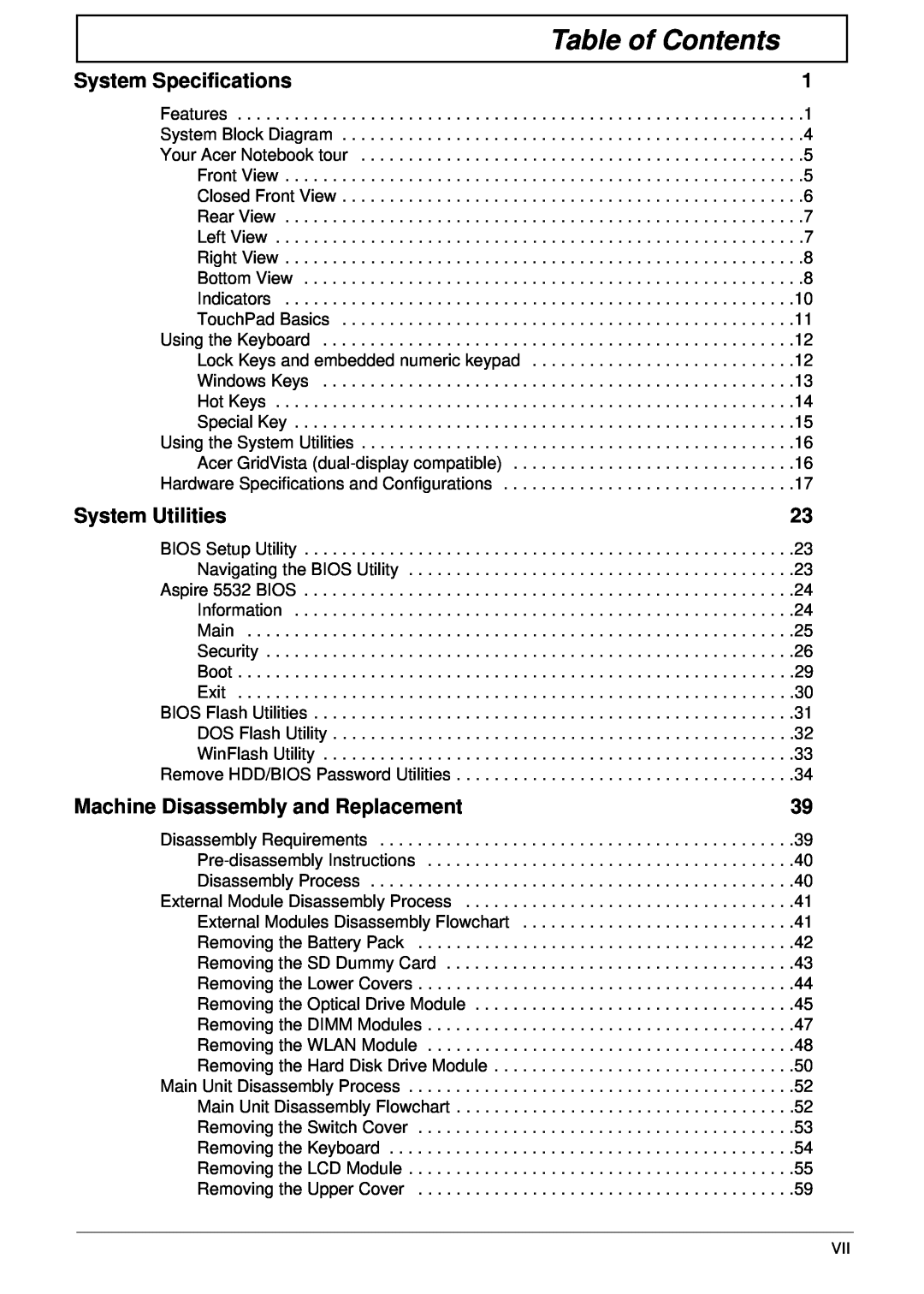 Acer 5532 manual Table of Contents, System Specifications, System Utilities, Machine Disassembly and Replacement 
