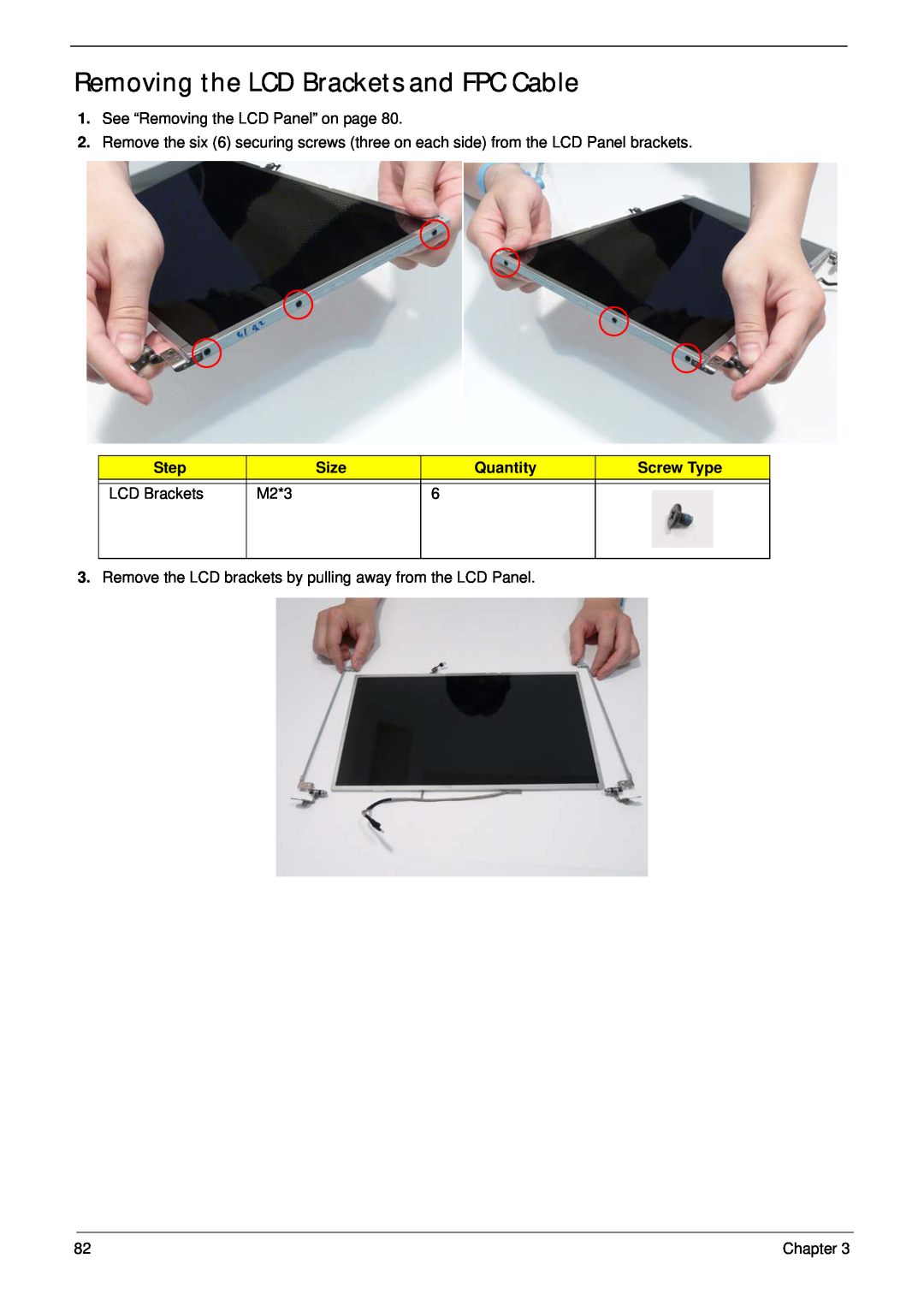 Acer 5532 manual Removing the LCD Brackets and FPC Cable, Step, Size, Quantity, Screw Type, M2*3, Chapter 