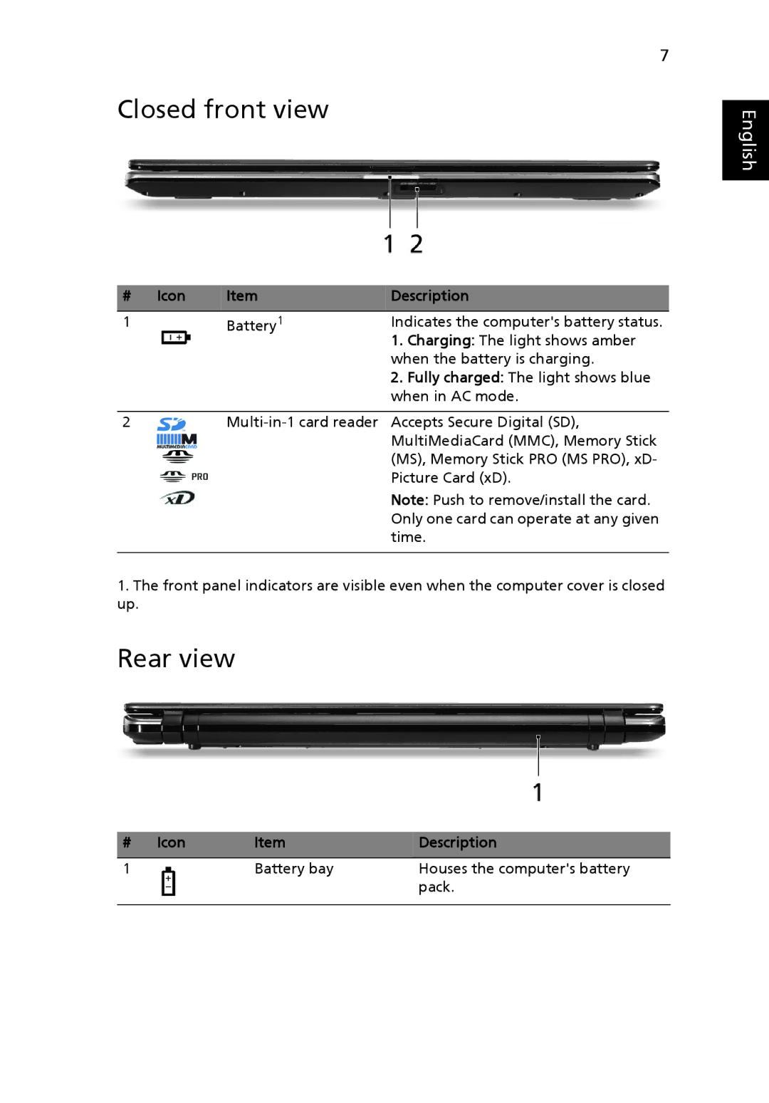 Acer 5534 Series manual Closed front view, Rear view 