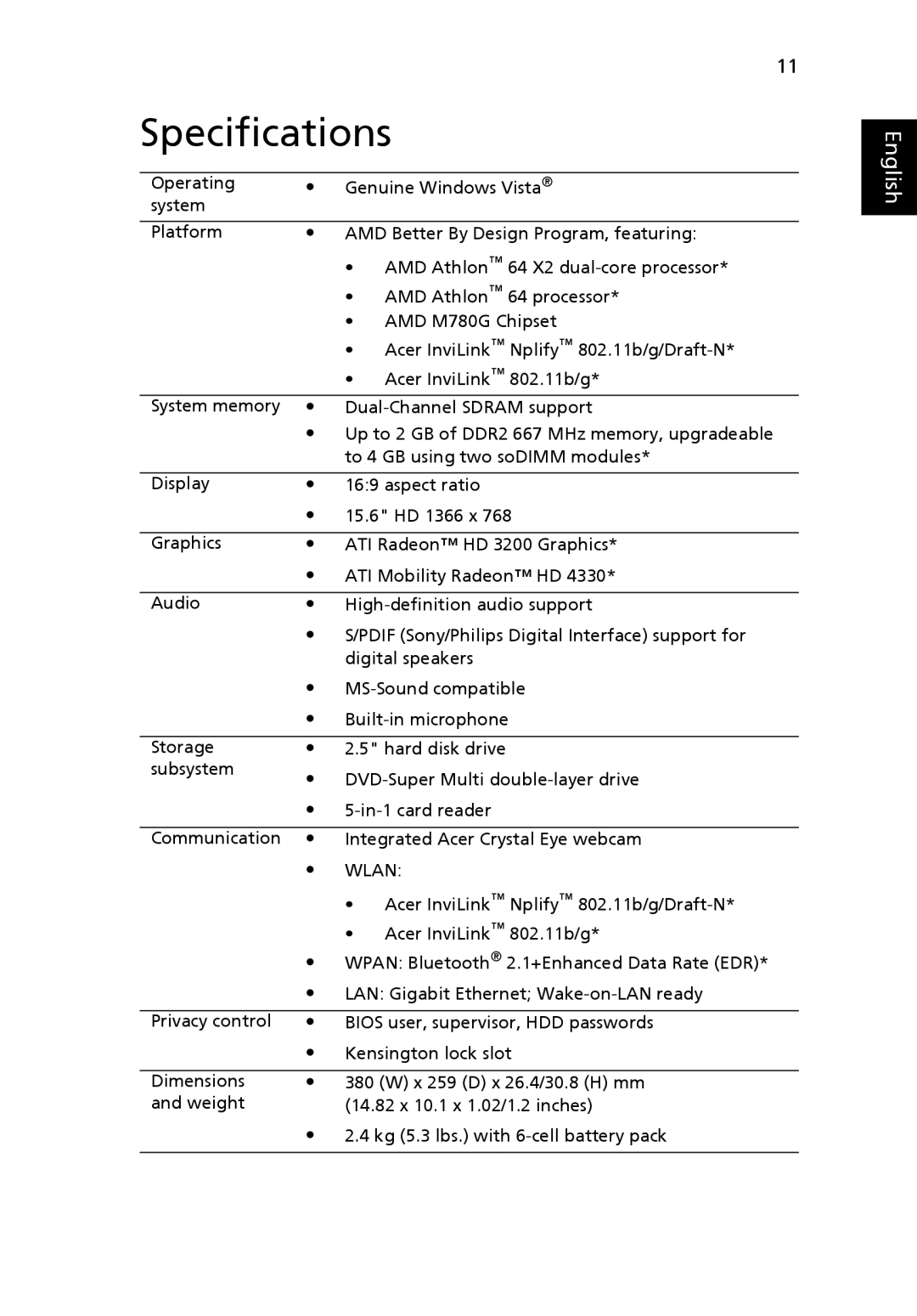 Acer 5538 Series manual Specifications, Wlan 