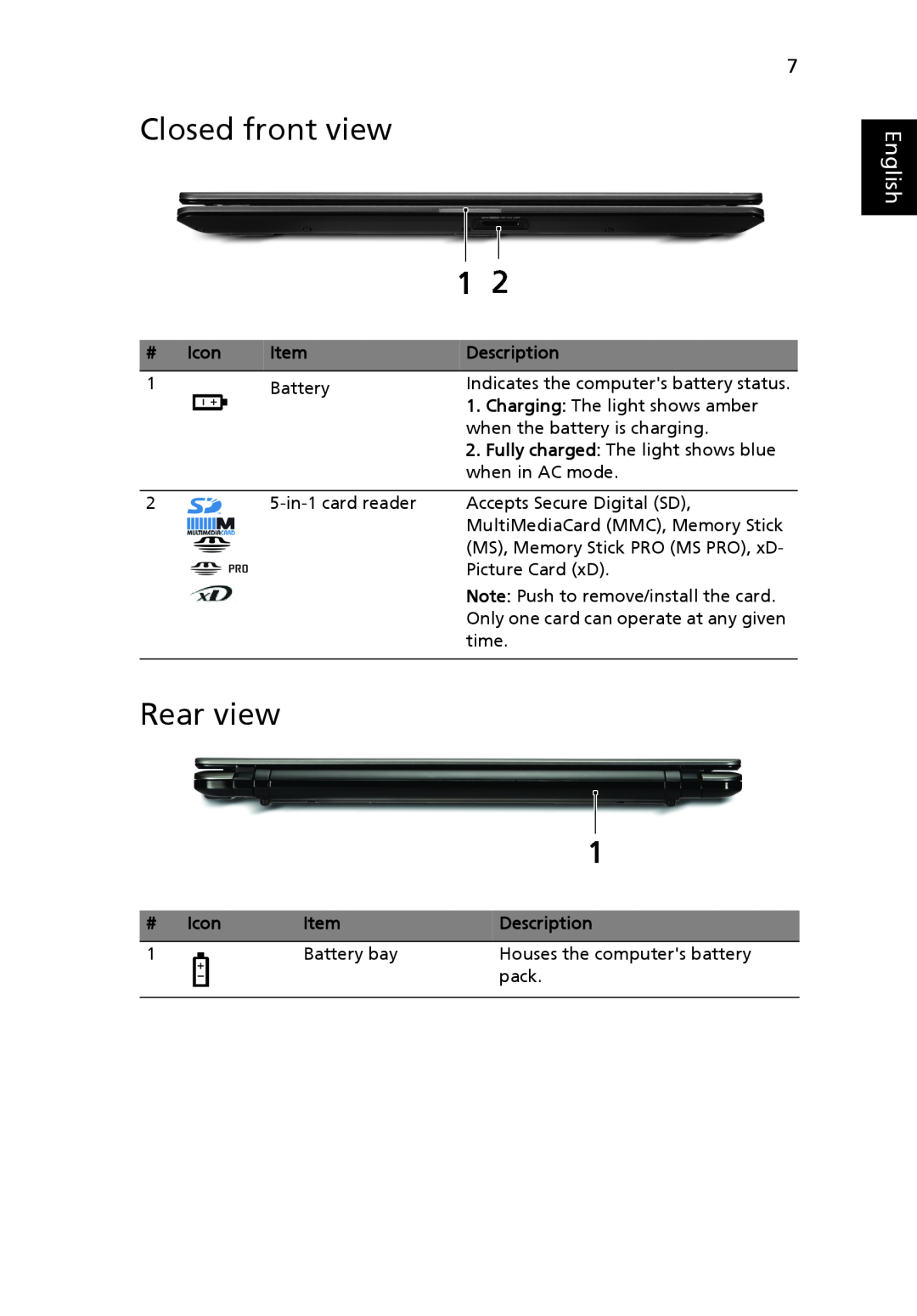 Acer 5538 Series manual Closed front view, Rear view, # Icon, English, Description 
