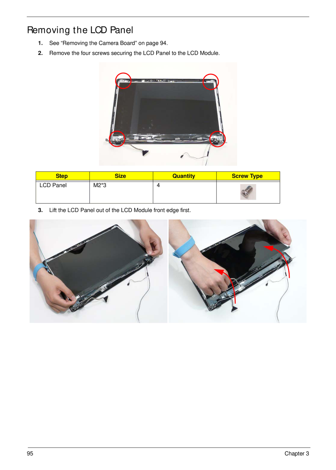 Acer 5538 manual Removing the LCD Panel, Step Size Quantity Screw Type LCD Panel M2*3 