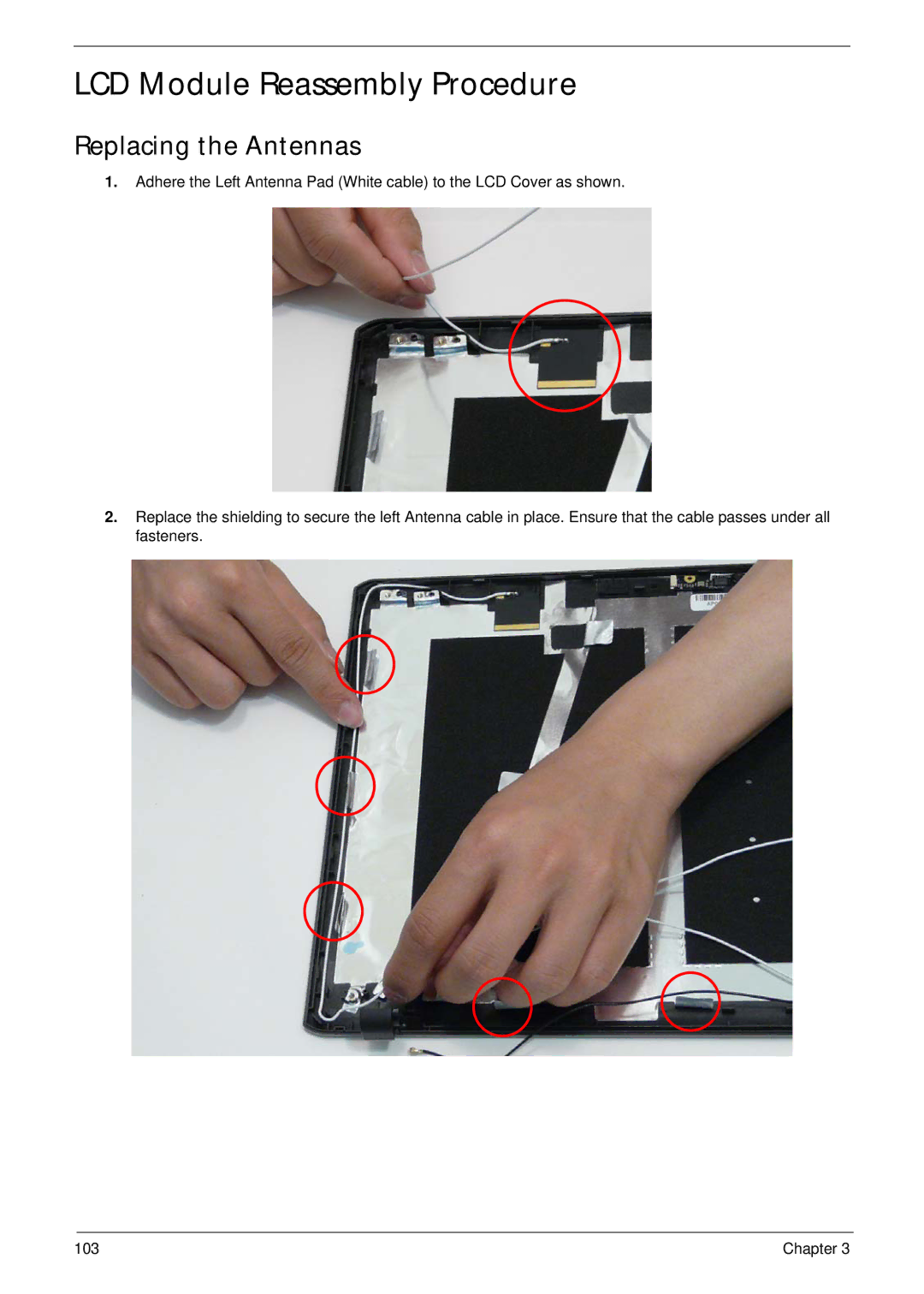 Acer 5538 manual LCD Module Reassembly Procedure, Replacing the Antennas 