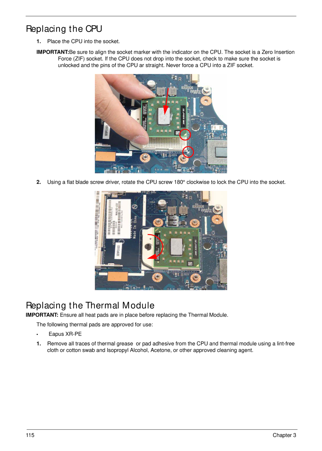 Acer 5538 manual Replacing the CPU, Replacing the Thermal Module 