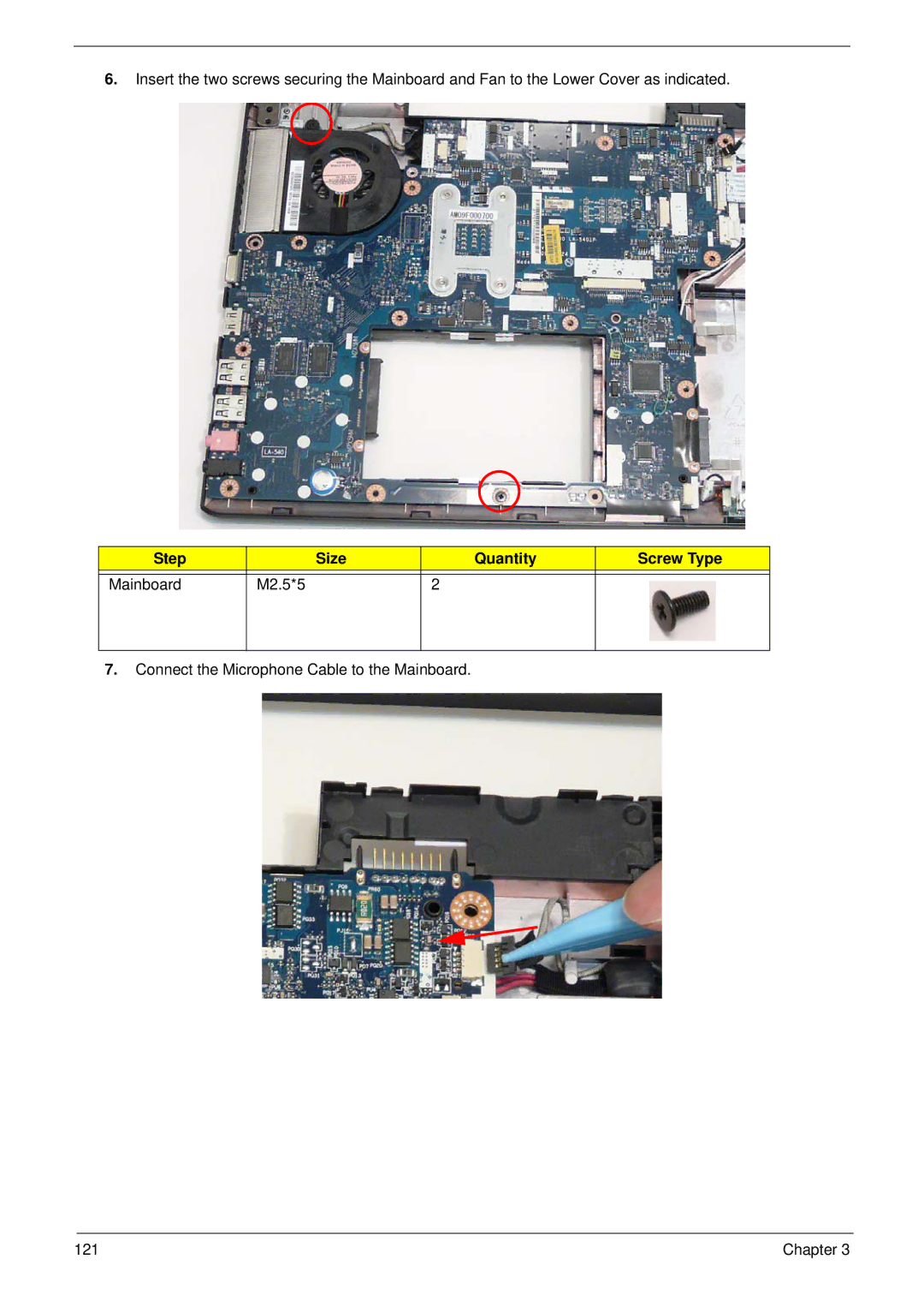 Acer 5538 manual Connect the Microphone Cable to the Mainboard 