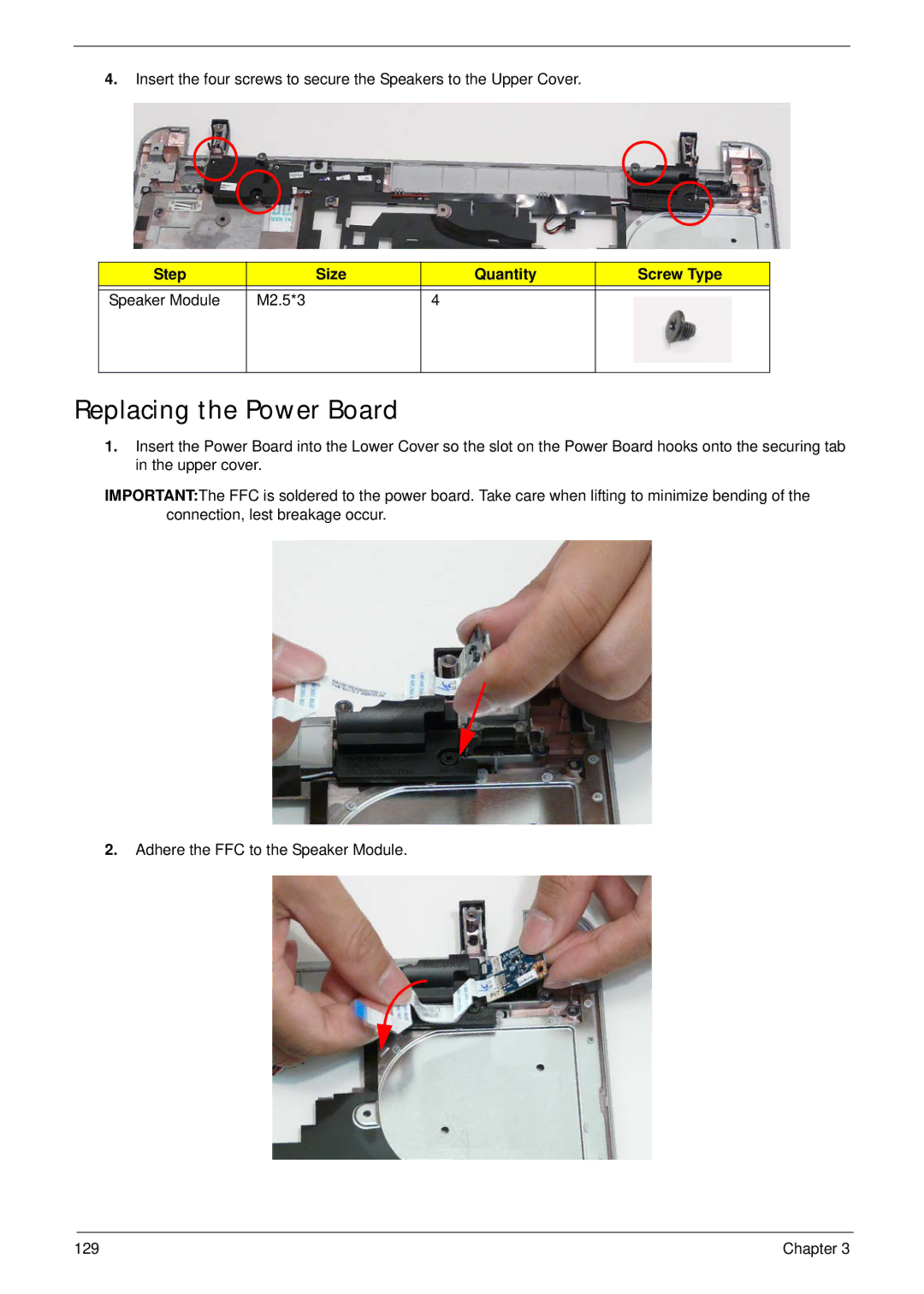 Acer 5538 manual Replacing the Power Board, Step Size Quantity Screw Type Speaker Module M2.5*3 