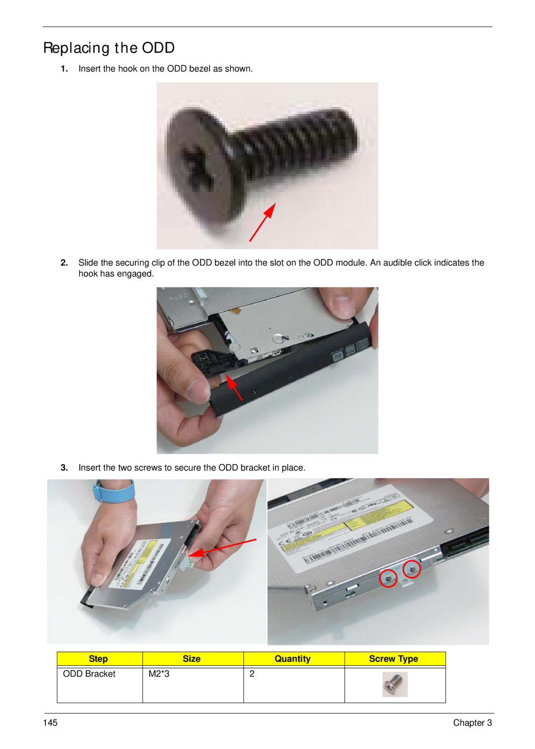 Acer 5538 manual Replacing the ODD, Step Size Quantity Screw Type ODD Bracket M2*3 