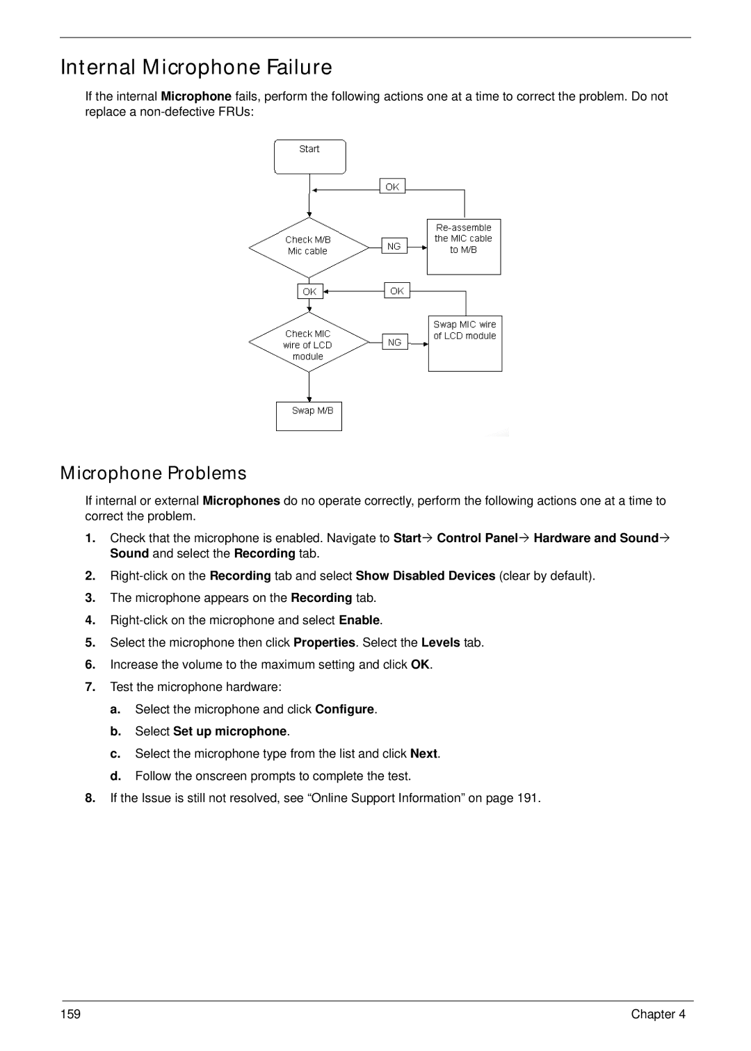 Acer 5538 manual Internal Microphone Failure, Microphone Problems, Select Set up microphone 