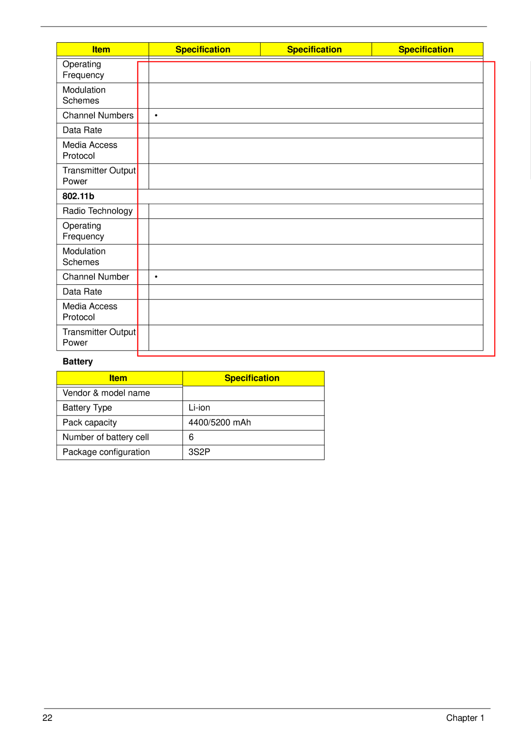 Acer 5538 manual Battery Specification 